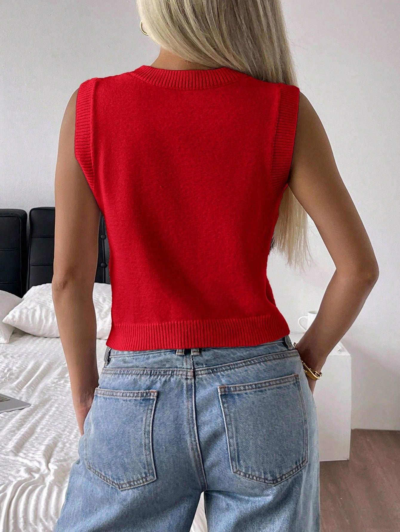 CovetEZ Pink Round Neck Women Cardigan Sweater Vest Cute Red Top Cropped Summer Tops Knit Sleeveless