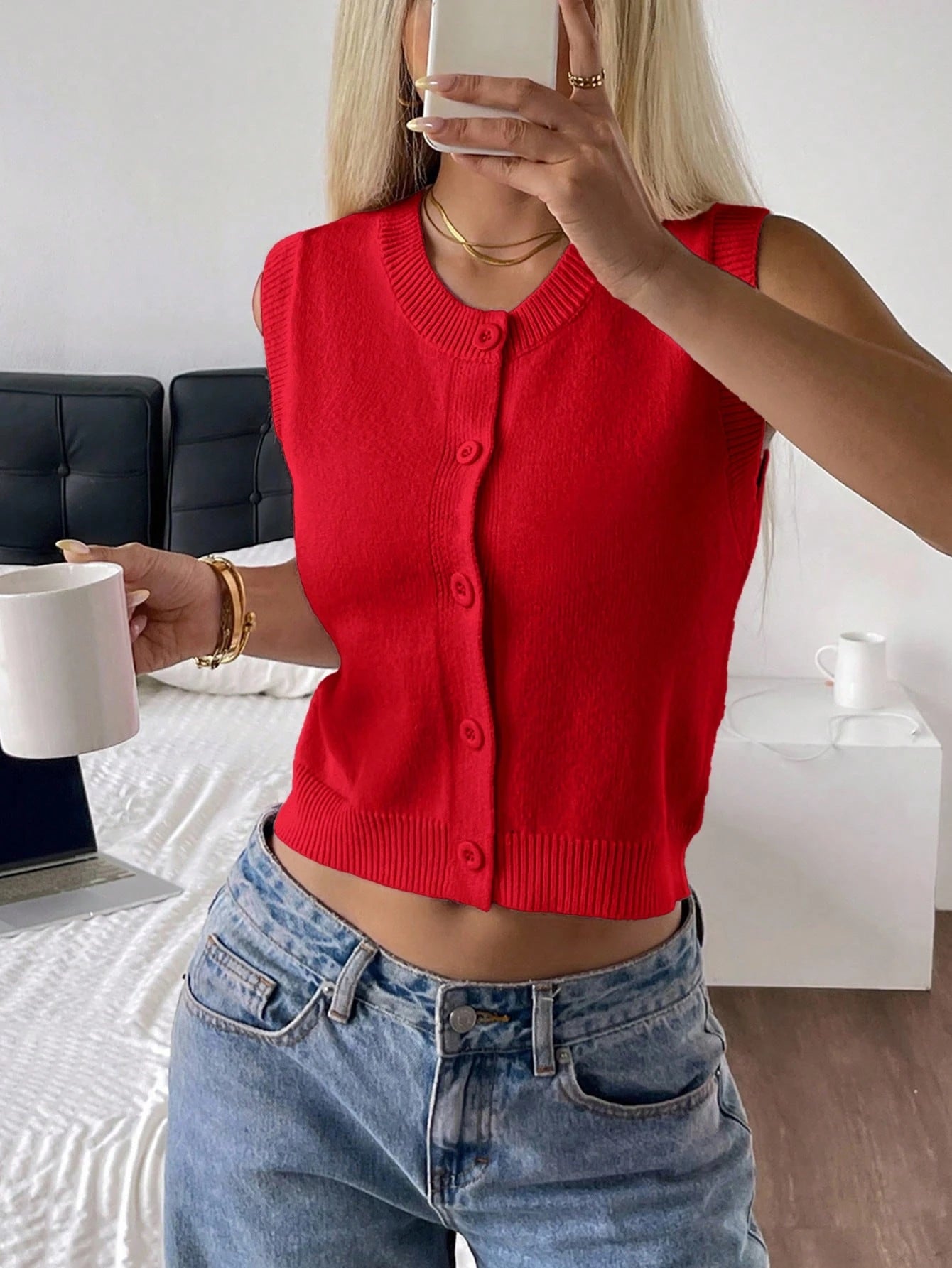 CovetEZ Pink Round Neck Women Cardigan Sweater Vest Cute Red Top Cropped Summer Tops Knit Sleeveless