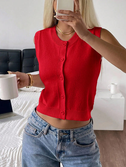 CovetEZ Pink Round Neck Women Cardigan Sweater Vest Cute Red Top Cropped Summer Tops Knit Sleeveless