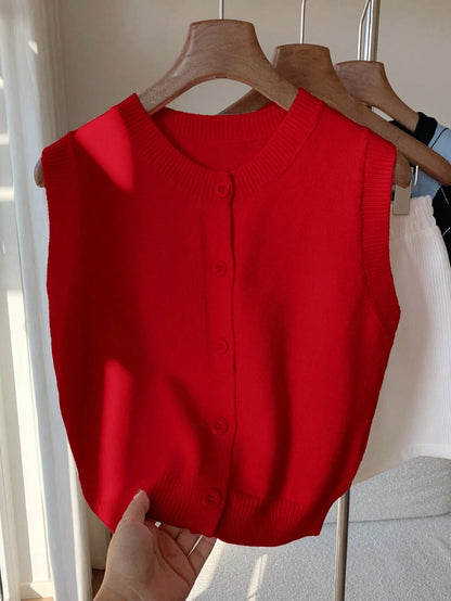 CovetEZ Pink Round Neck Women Cardigan Sweater Vest Cute Red Top Cropped Summer Tops Knit Sleeveless