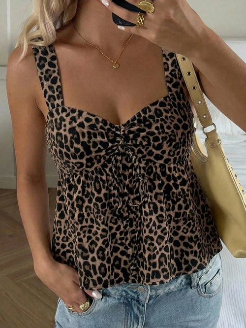 CovetEZ Women's Casual Drawstring Babydoll Camisole, Outing Top, Vacation, Cute Summer Top, Leopard Print Top, Suitable For Daily Commute, Date, Party, Autumn/Winter/Spring/Summer, Christmas, New Year