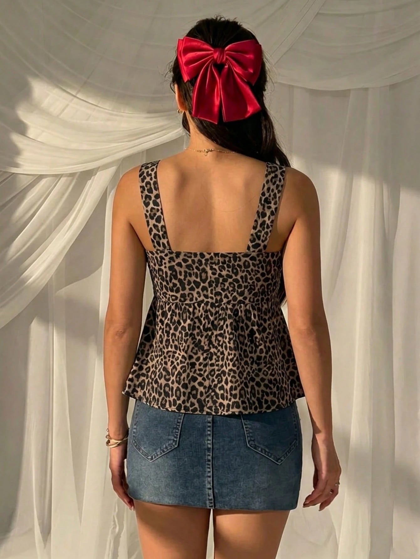 CovetEZ Women's Casual Drawstring Babydoll Camisole, Outing Top, Vacation, Cute Summer Top, Leopard Print Top, Suitable For Daily Commute, Date, Party, Autumn/Winter/Spring/Summer, Christmas, New Year