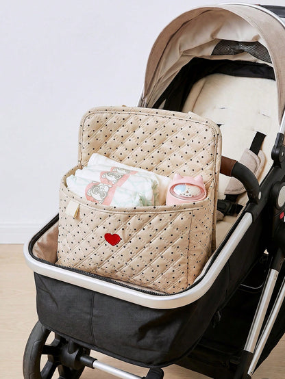 Cozy Pixies 1-Piece Stroller Accessories Polka Dot Love Pattern Storage Bag, Built-In Bottle Compartment, Diaper Storage Mother And Baby Bag, Suitable For Outdoor Convenient Travel Leisure Diaper Bag