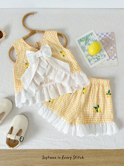 Cozy Pixies Baby Girl Floral Print Contrast Trim Sleeveless Top And Elastic Waist Pants 2 Piece Set
