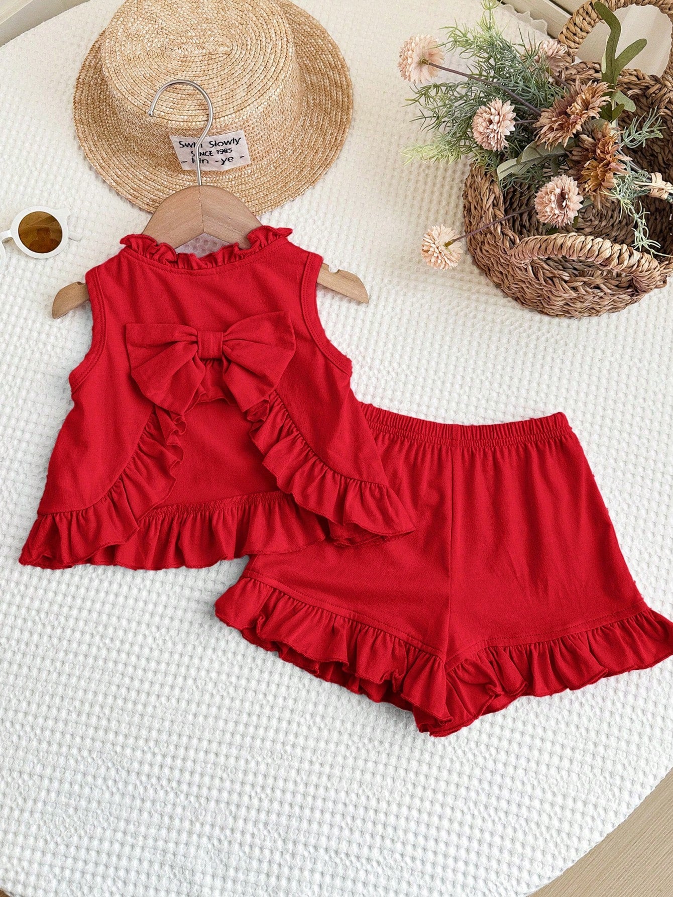 Cozy Pixies Baby Girl Floral Print Contrast Trim Sleeveless Top And Elastic Waist Pants 2 Piece Set