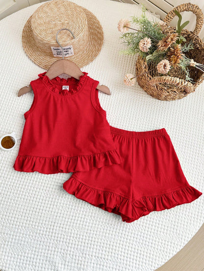 Cozy Pixies Baby Girl Floral Print Contrast Trim Sleeveless Top And Elastic Waist Pants 2 Piece Set