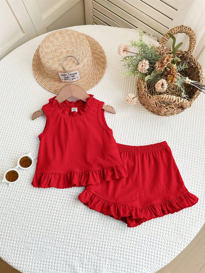 Cozy Pixies Baby Girl Floral Print Contrast Trim Sleeveless Top And Elastic Waist Pants 2 Piece Set
