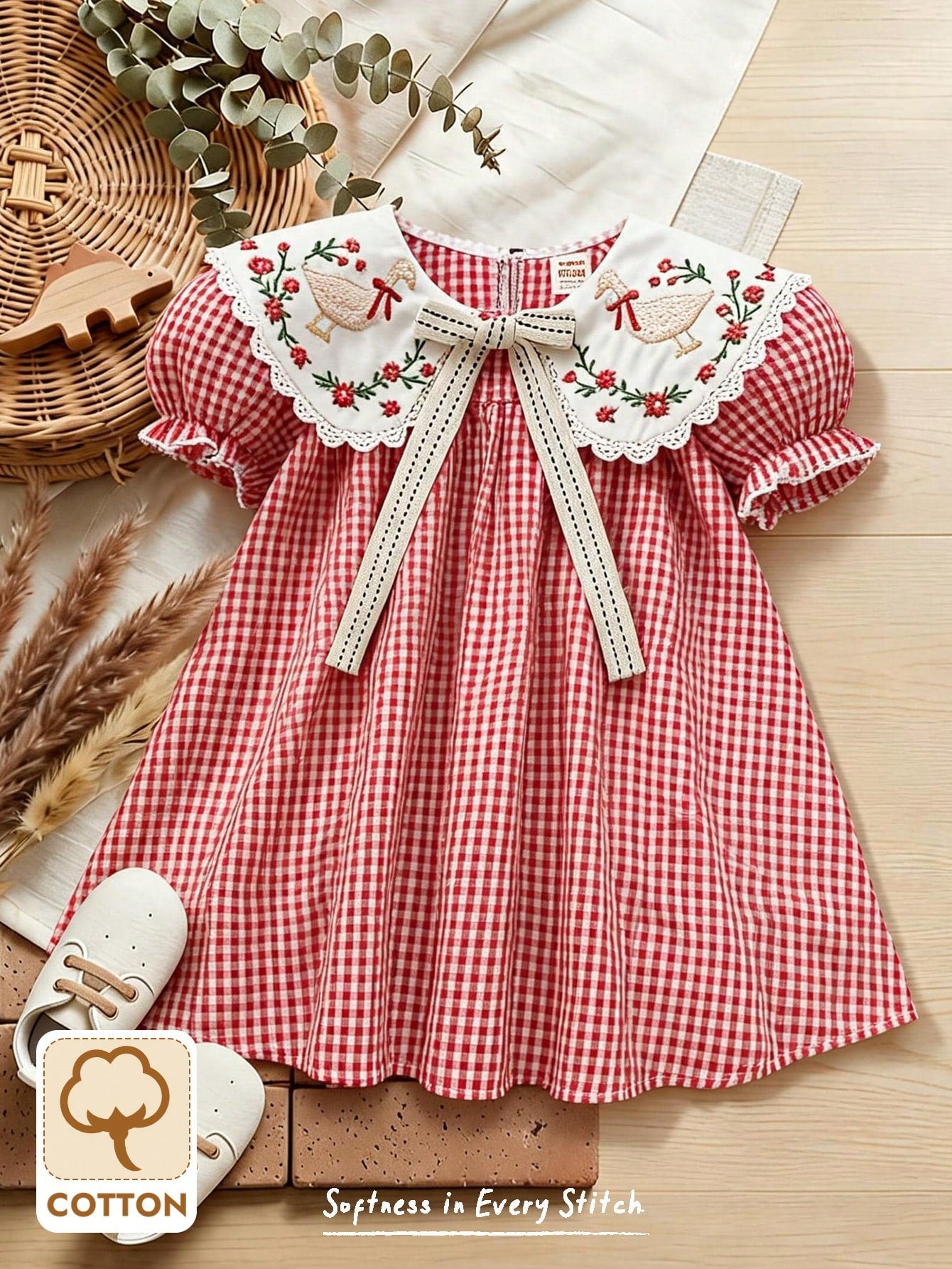 Cozy Pixies Baby Girls' Colorblock Ruffled Collar Plaid Puff Sleeve Casual Cute Dress