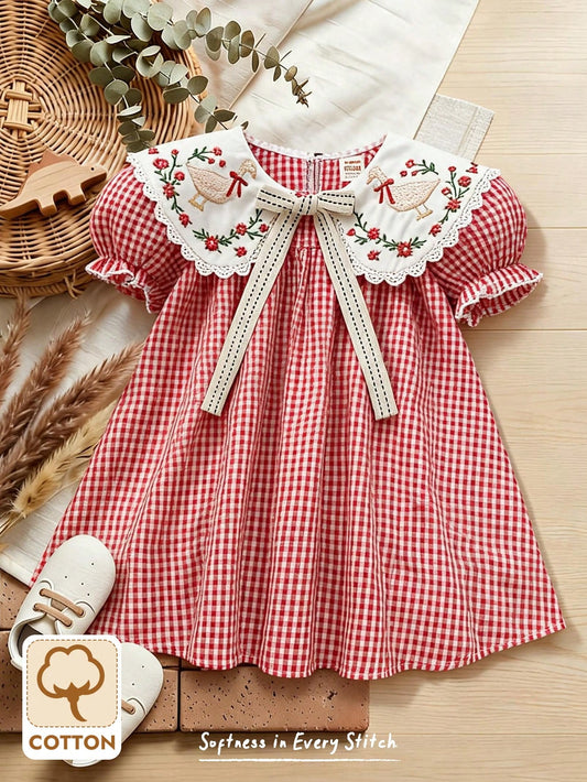 Cozy Pixies Baby Girls' Colorblock Ruffled Collar Plaid Puff Sleeve Casual Cute Dress