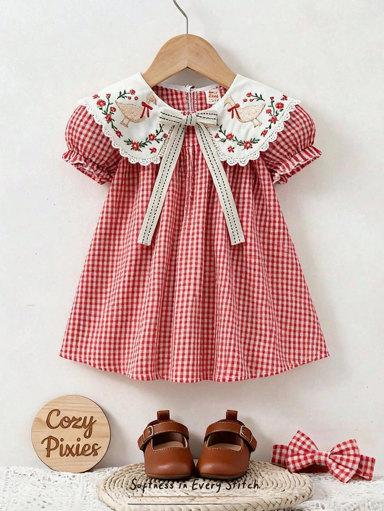 Cozy Pixies Baby Girls' Colorblock Ruffled Collar Plaid Puff Sleeve Casual Cute Dress