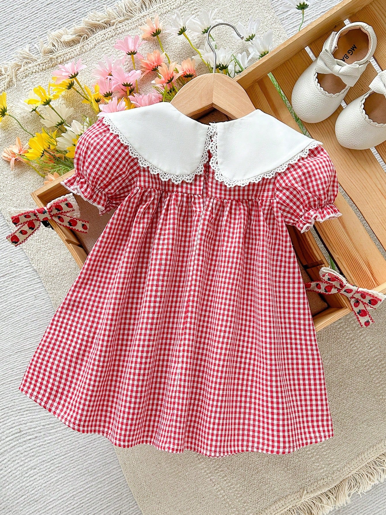 Cozy Pixies Baby Girls' Colorblock Ruffled Collar Plaid Puff Sleeve Casual Cute Dress