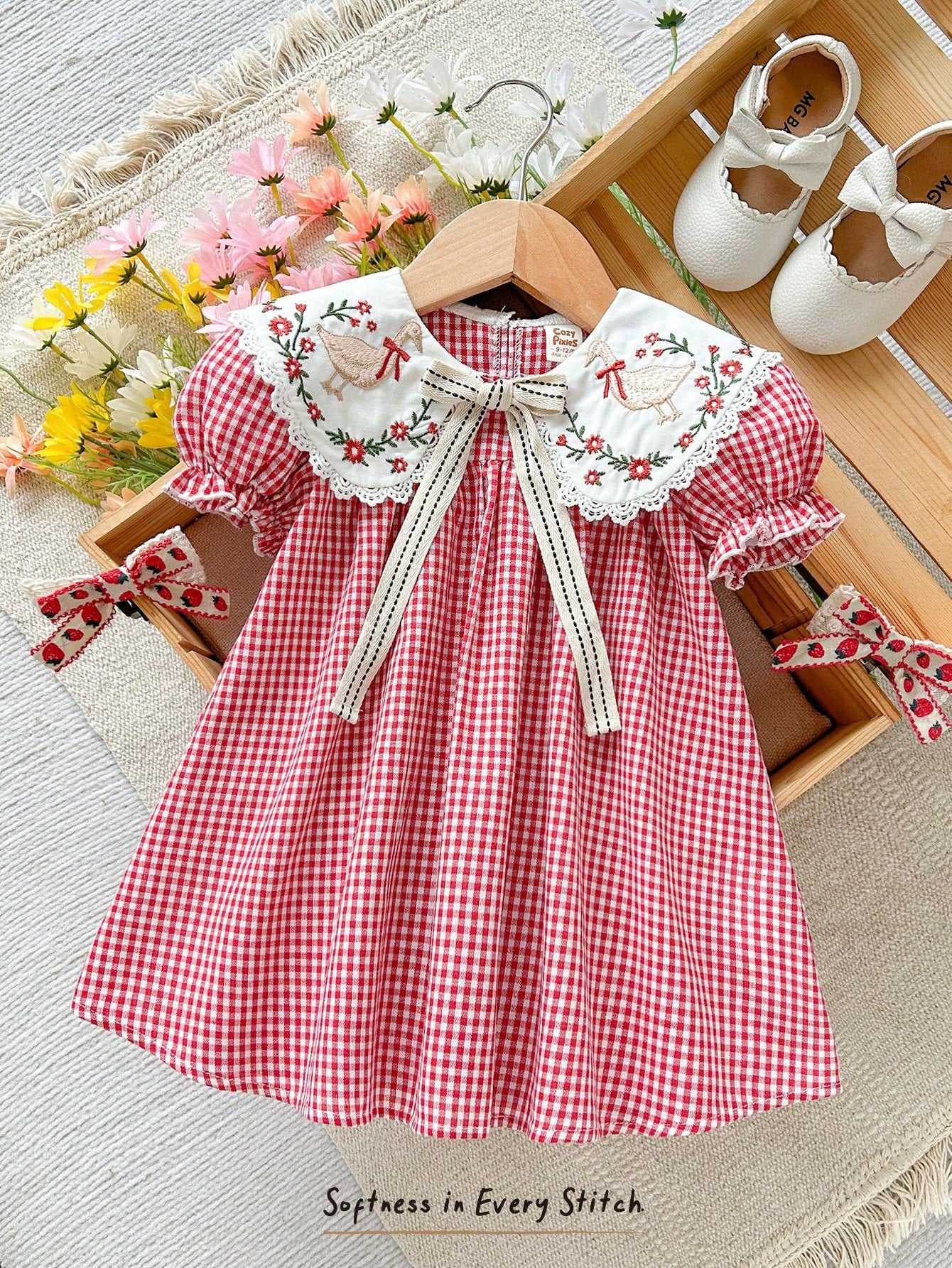 Cozy Pixies Baby Girls' Colorblock Ruffled Collar Plaid Puff Sleeve Casual Cute Dress
