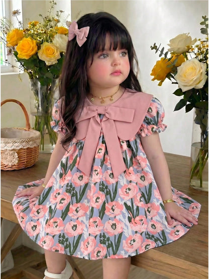 Cozy Pixies Baby Girls' Colorblock Ruffled Collar Plaid Puff Sleeve Casual Cute Dress