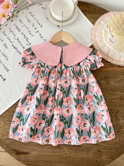 Cozy Pixies Baby Girls' Colorblock Ruffled Collar Plaid Puff Sleeve Casual Cute Dress