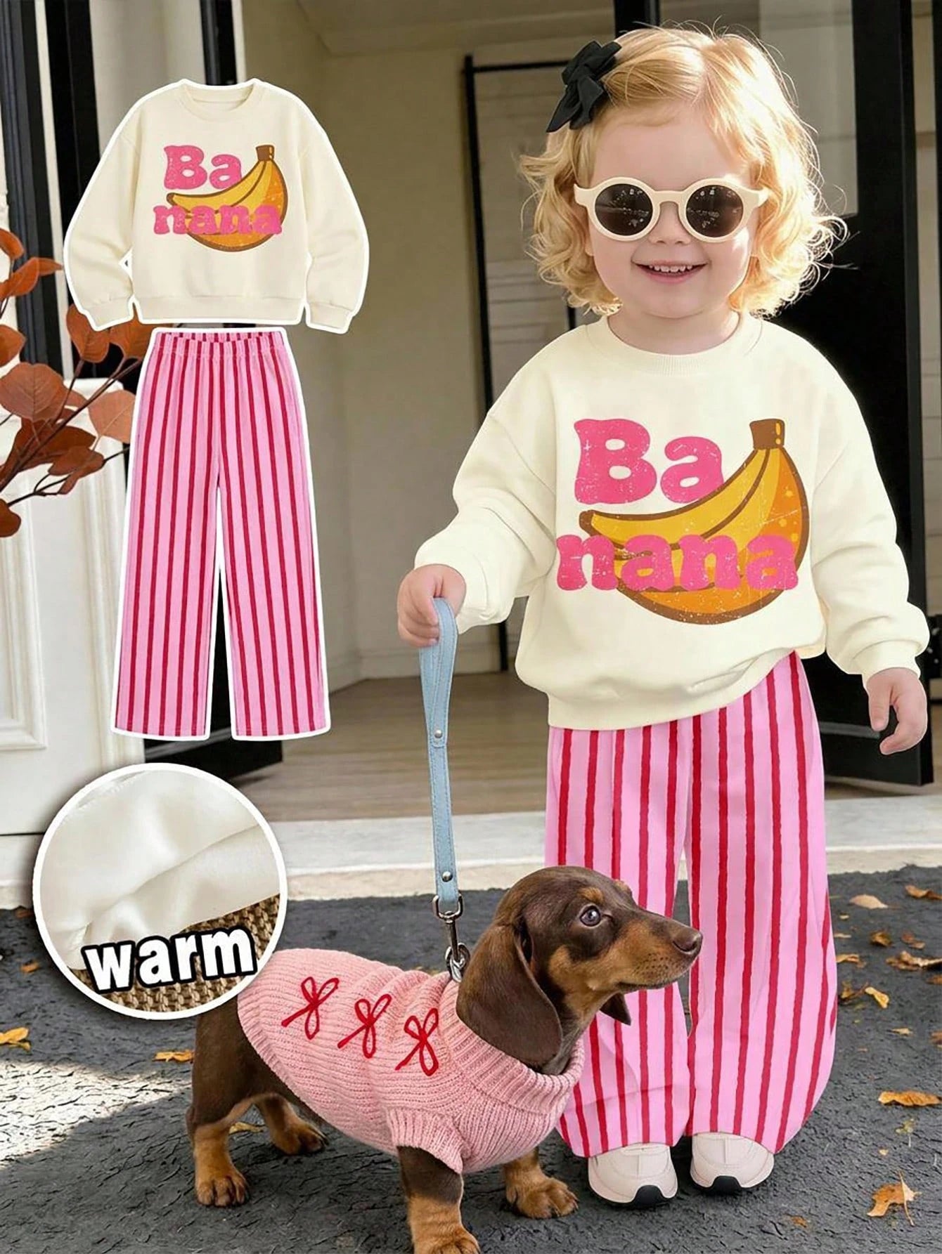 Cream White & Pink, Cute Dopamine Cartoon Banana Fruit Pattern, Baby Girl Casual Soft Thick Long Sleeve Crew Neck Pullover Sweatshirt & Wide Leg Pants Set, Suitable For Autumn/Winter, Comfortable & Ea