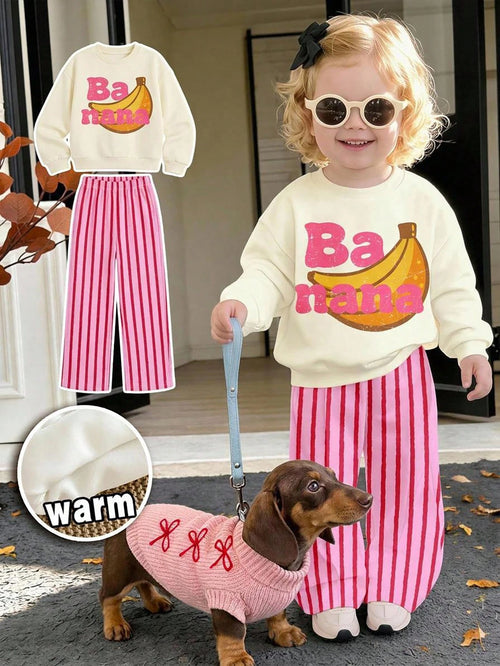 Cream White & Pink, Cute Dopamine Cartoon Banana Fruit Pattern, Baby Girl Casual Soft Thick Long Sleeve Crew Neck Pullover Sweatshirt & Wide Leg Pants Set, Suitable For Autumn/Winter, Comfortable & Ea