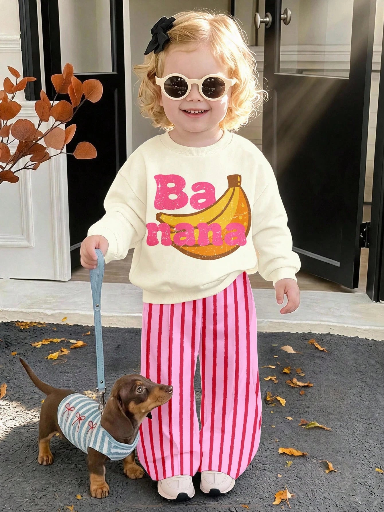 Cream White & Pink, Cute Dopamine Cartoon Banana Fruit Pattern, Baby Girl Casual Soft Thick Long Sleeve Crew Neck Pullover Sweatshirt & Wide Leg Pants Set, Suitable For Autumn/Winter, Comfortable & Ea