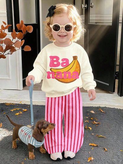 Cream White & Pink, Cute Dopamine Cartoon Banana Fruit Pattern, Baby Girl Casual Soft Thick Long Sleeve Crew Neck Pullover Sweatshirt & Wide Leg Pants Set, Suitable For Autumn/Winter, Comfortable & Ea