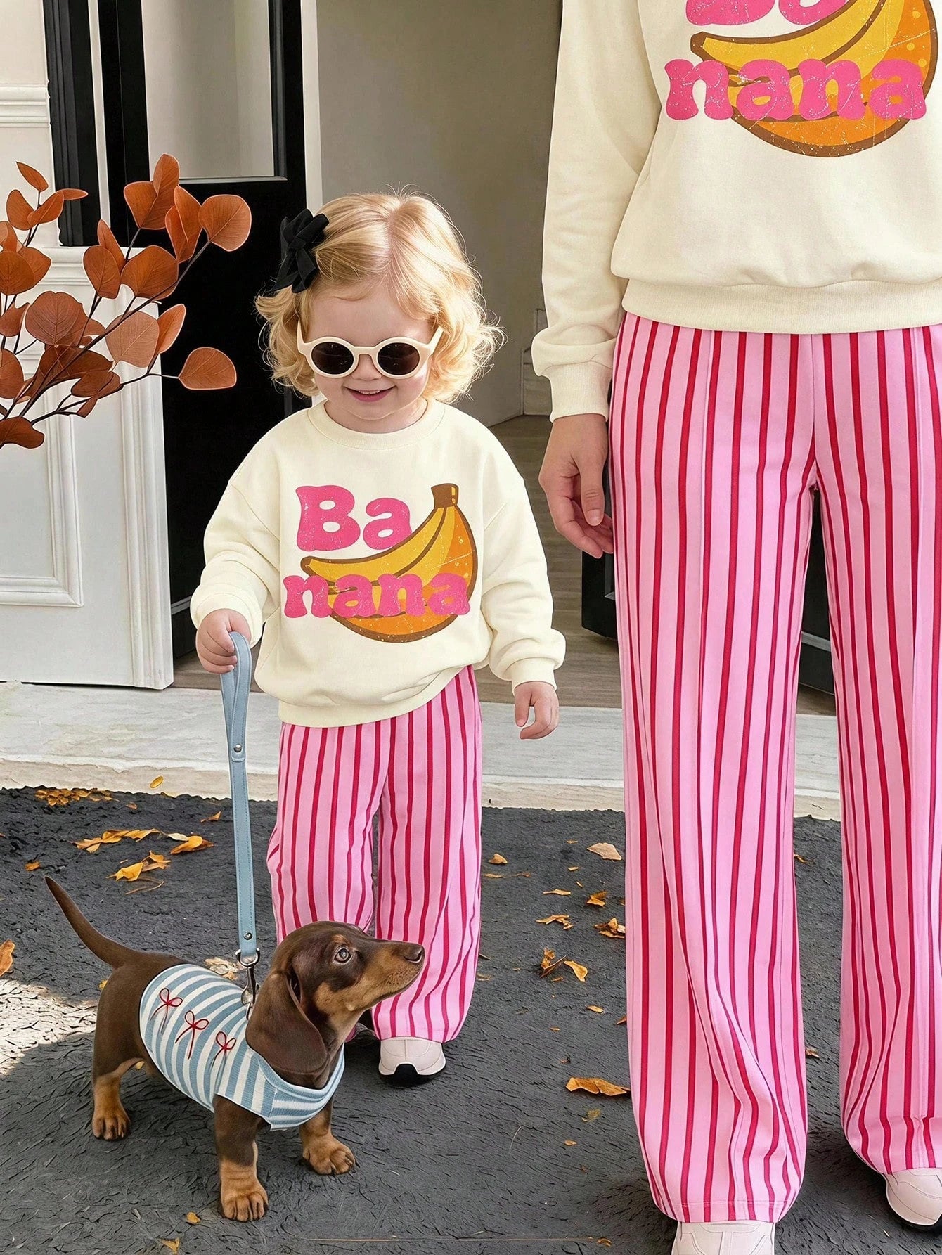Cream White & Pink, Cute Dopamine Cartoon Banana Fruit Pattern, Baby Girl Casual Soft Thick Long Sleeve Crew Neck Pullover Sweatshirt & Wide Leg Pants Set, Suitable For Autumn/Winter, Comfortable & Ea