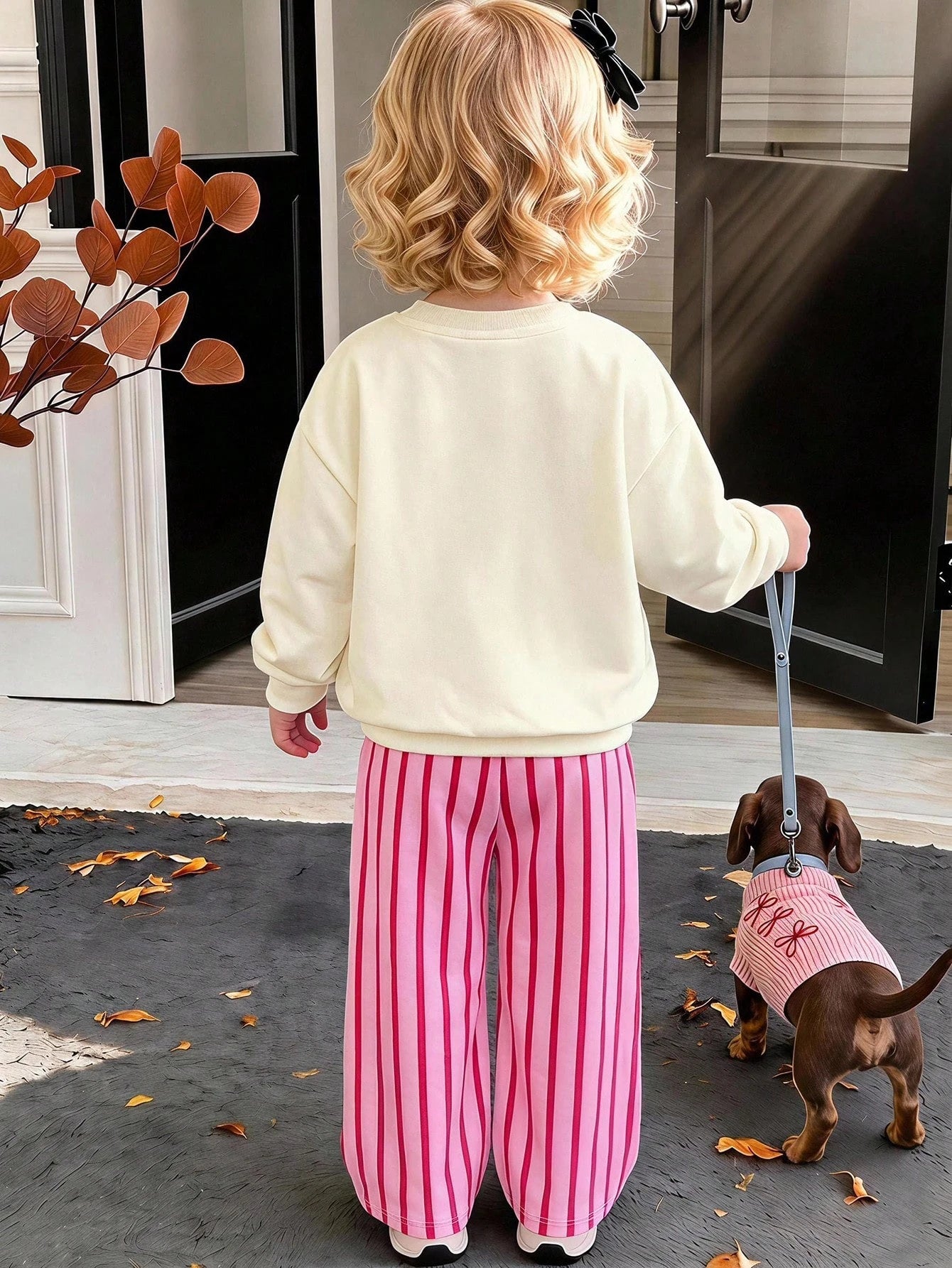 Cream White & Pink, Cute Dopamine Cartoon Banana Fruit Pattern, Baby Girl Casual Soft Thick Long Sleeve Crew Neck Pullover Sweatshirt & Wide Leg Pants Set, Suitable For Autumn/Winter, Comfortable & Ea