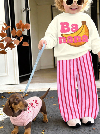 Cream White & Pink, Cute Dopamine Cartoon Banana Fruit Pattern, Baby Girl Casual Soft Thick Long Sleeve Crew Neck Pullover Sweatshirt & Wide Leg Pants Set, Suitable For Autumn/Winter, Comfortable & Ea