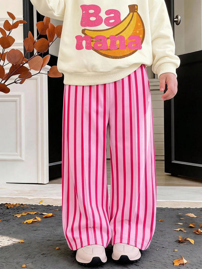 Cream White & Pink, Cute Dopamine Cartoon Banana Fruit Pattern, Baby Girl Casual Soft Thick Long Sleeve Crew Neck Pullover Sweatshirt & Wide Leg Pants Set, Suitable For Autumn/Winter, Comfortable & Ea