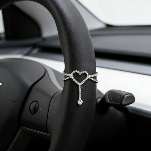Creative Heart-Shaped Rhinestone Steering Wheel Decor Hanging Accessory, Double-Layer Crossed Chain Body With Dangling Rhinestone Decor, Fits Various Car Models