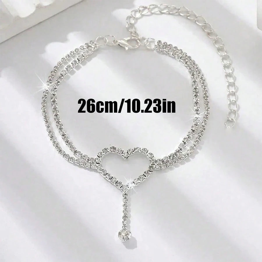 Creative Heart-Shaped Rhinestone Steering Wheel Decor Hanging Accessory, Double-Layer Crossed Chain Body With Dangling Rhinestone Decor, Fits Various Car Models