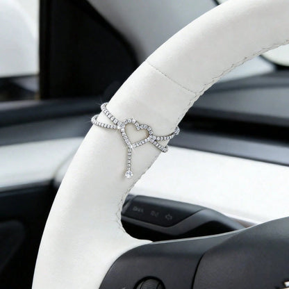 Creative Heart-Shaped Rhinestone Steering Wheel Decor Hanging Accessory, Double-Layer Crossed Chain Body With Dangling Rhinestone Decor, Fits Various Car Models