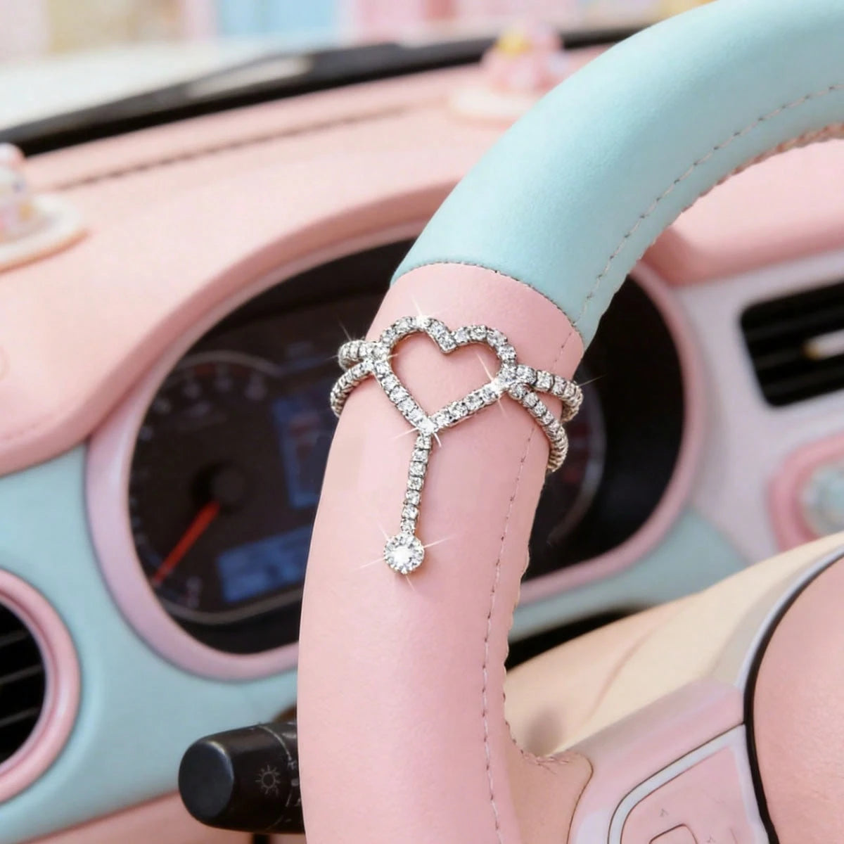 Creative Heart-Shaped Rhinestone Steering Wheel Decor Hanging Accessory, Double-Layer Crossed Chain Body With Dangling Rhinestone Decor, Fits Various Car Models