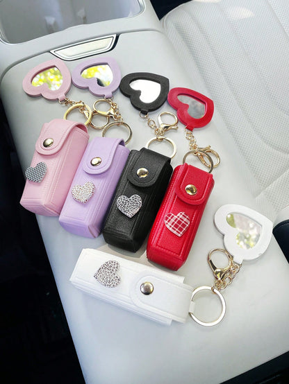 Creative Lipstick Storage Keychain, Minimalist Cute Portable Heart Mirror Bag Pendant Keychain, Fashionable Lipstick Bag, Car Keychain Pendant, Convenient Lipstick Carrying Small Bag Pendant