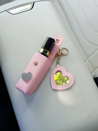 Creative Lipstick Storage Keychain, Minimalist Cute Portable Heart Mirror Bag Pendant Keychain, Fashionable Lipstick Bag, Car Keychain Pendant, Convenient Lipstick Carrying Small Bag Pendant