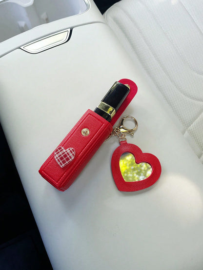 Creative Lipstick Storage Keychain, Minimalist Cute Portable Heart Mirror Bag Pendant Keychain, Fashionable Lipstick Bag, Car Keychain Pendant, Convenient Lipstick Carrying Small Bag Pendant