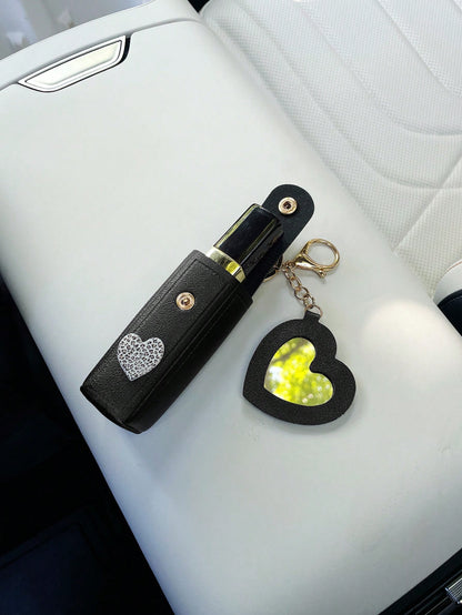 Creative Lipstick Storage Keychain, Minimalist Cute Portable Heart Mirror Bag Pendant Keychain, Fashionable Lipstick Bag, Car Keychain Pendant, Convenient Lipstick Carrying Small Bag Pendant