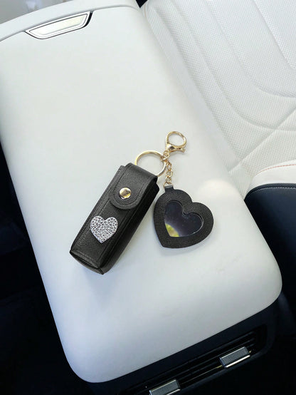 Creative Lipstick Storage Keychain, Minimalist Cute Portable Heart Mirror Bag Pendant Keychain, Fashionable Lipstick Bag, Car Keychain Pendant, Convenient Lipstick Carrying Small Bag Pendant