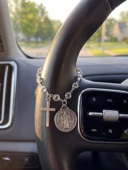 Crystal Bead Cross St. Benedict Medal Car Rose Rosary Hanging Ornament, Car Interior Decoration Pendant