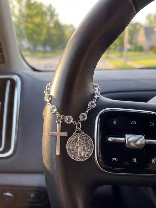 Crystal Bead Cross St. Benedict Medal Car Rose Rosary Hanging Ornament, Car Interior Decoration Pendant