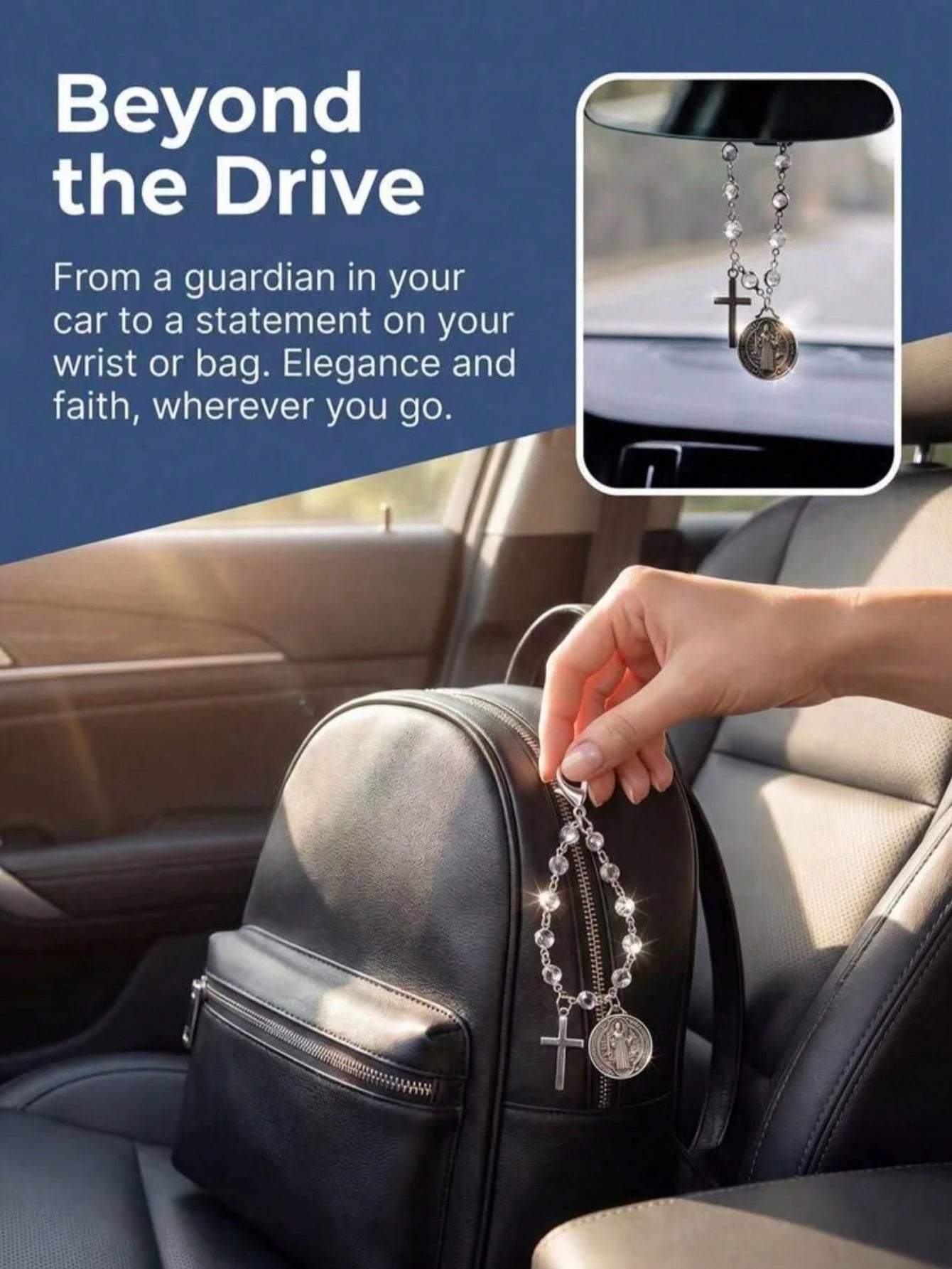Crystal Bead Cross St. Benedict Medal Car Rose Rosary Hanging Ornament, Car Interior Decoration Pendant