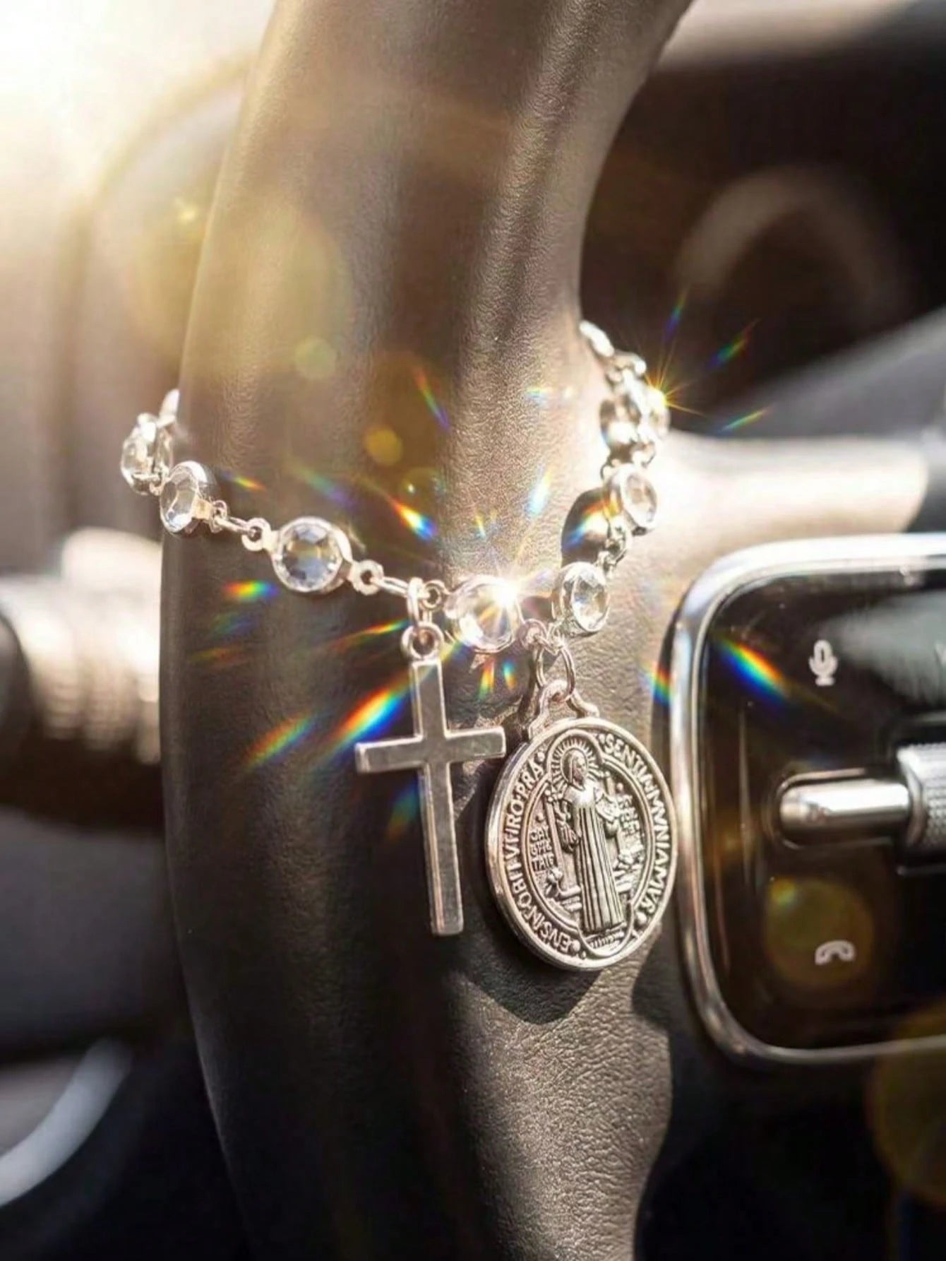 Crystal Bead Cross St. Benedict Medal Car Rose Rosary Hanging Ornament, Car Interior Decoration Pendant