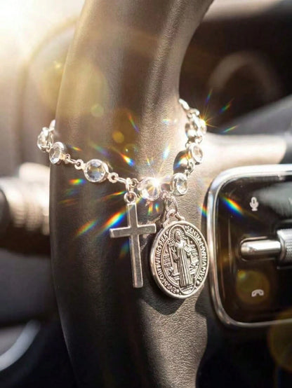 Crystal Bead Cross St. Benedict Medal Car Rose Rosary Hanging Ornament, Car Interior Decoration Pendant