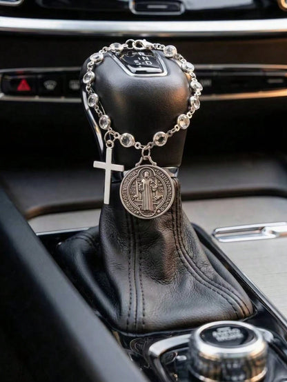 Crystal Bead Cross St. Benedict Medal Car Rose Rosary Hanging Ornament, Car Interior Decoration Pendant
