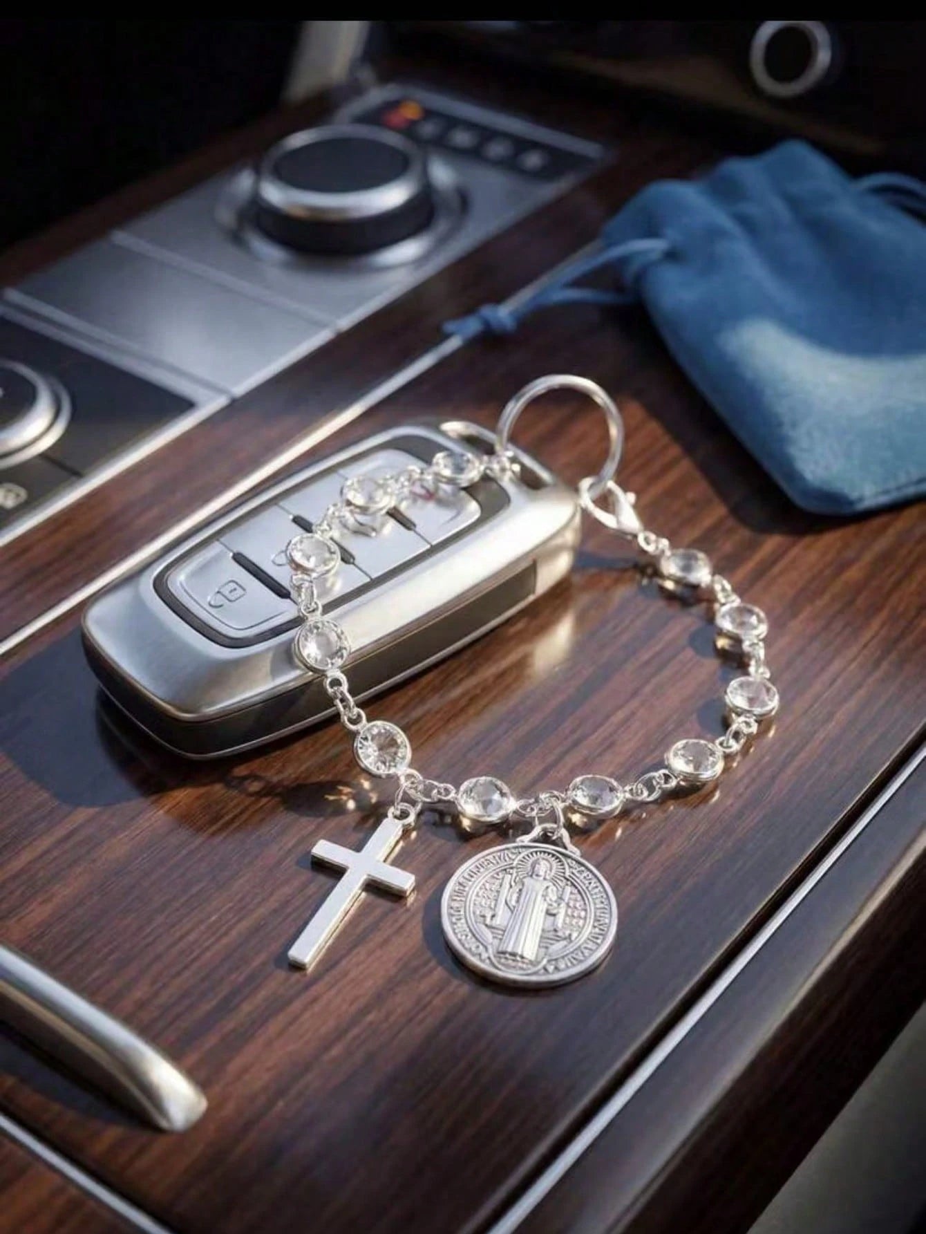 Crystal Bead Cross St. Benedict Medal Car Rose Rosary Hanging Ornament, Car Interior Decoration Pendant