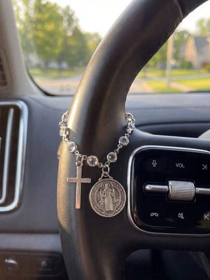 Crystal Bead Cross St. Benedict Medal Car Rose Rosary Hanging Ornament, Car Interior Decoration Pendant