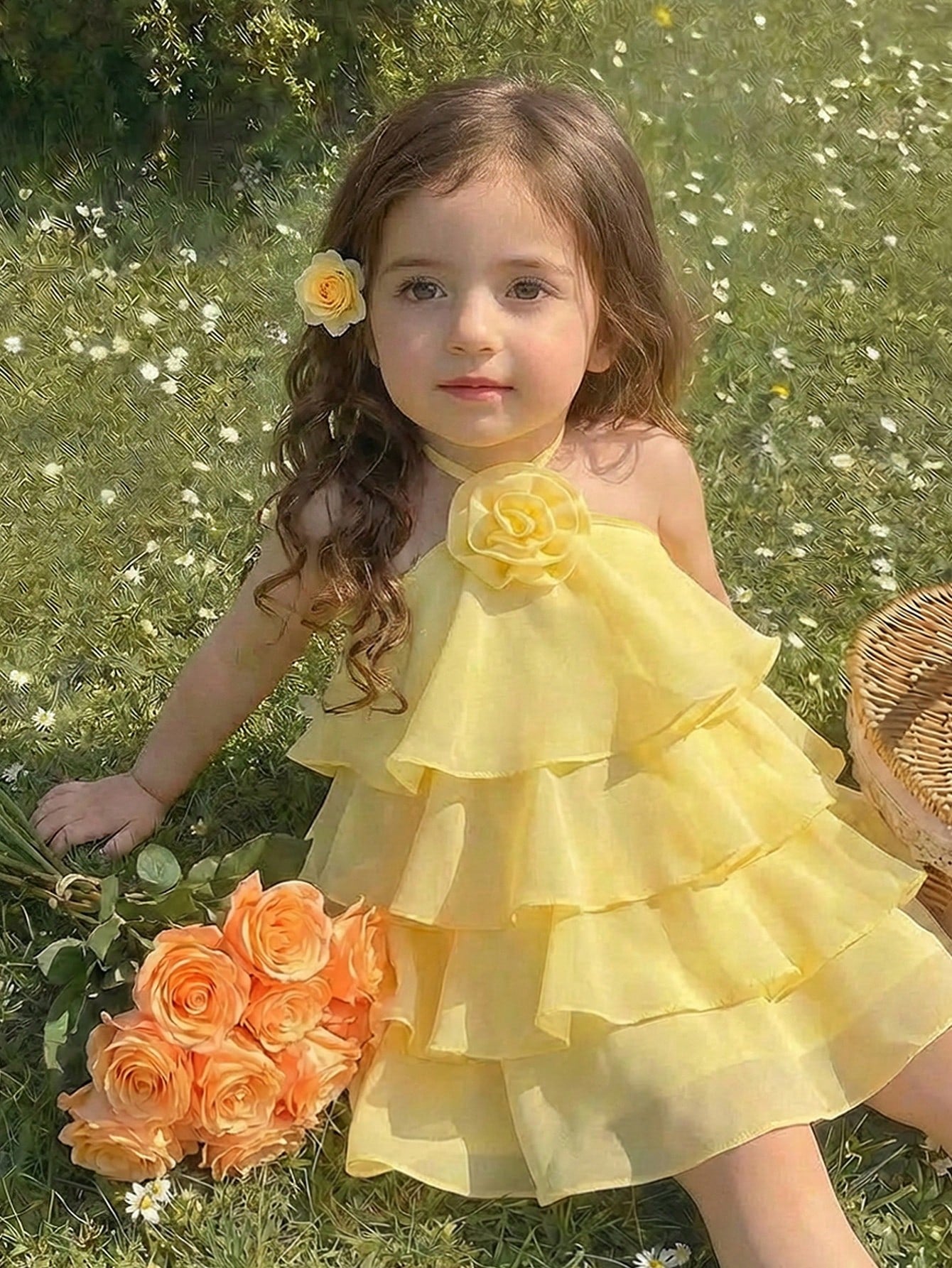 Cute And Elegant Yellow Floral Sleeveless Dress For Baby Girls With Ruffles,Perfect Spring Summer.Features A 3D Ruffle Hem Is Ideal Summer Vacation.