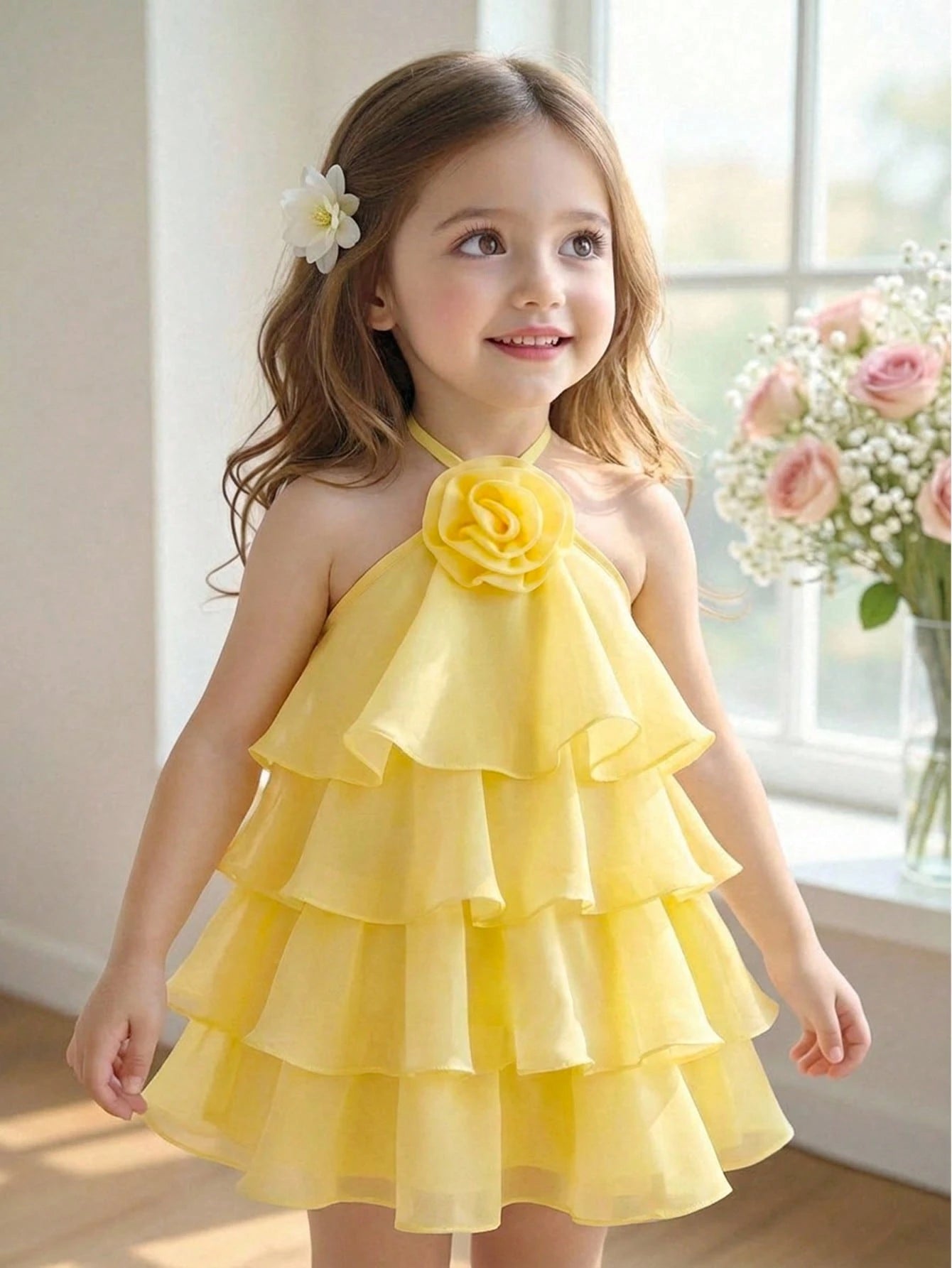 Cute And Elegant Yellow Floral Sleeveless Dress For Baby Girls With Ruffles,Perfect Spring Summer.Features A 3D Ruffle Hem Is Ideal Summer Vacation.