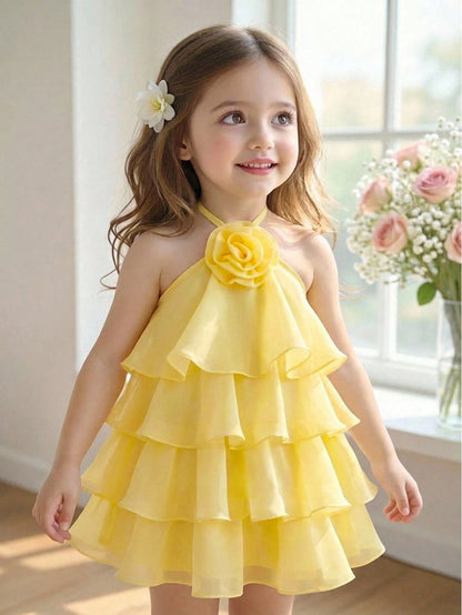 Cute And Elegant Yellow Floral Sleeveless Dress For Baby Girls With Ruffles,Perfect Spring Summer.Features A 3D Ruffle Hem Is Ideal Summer Vacation.