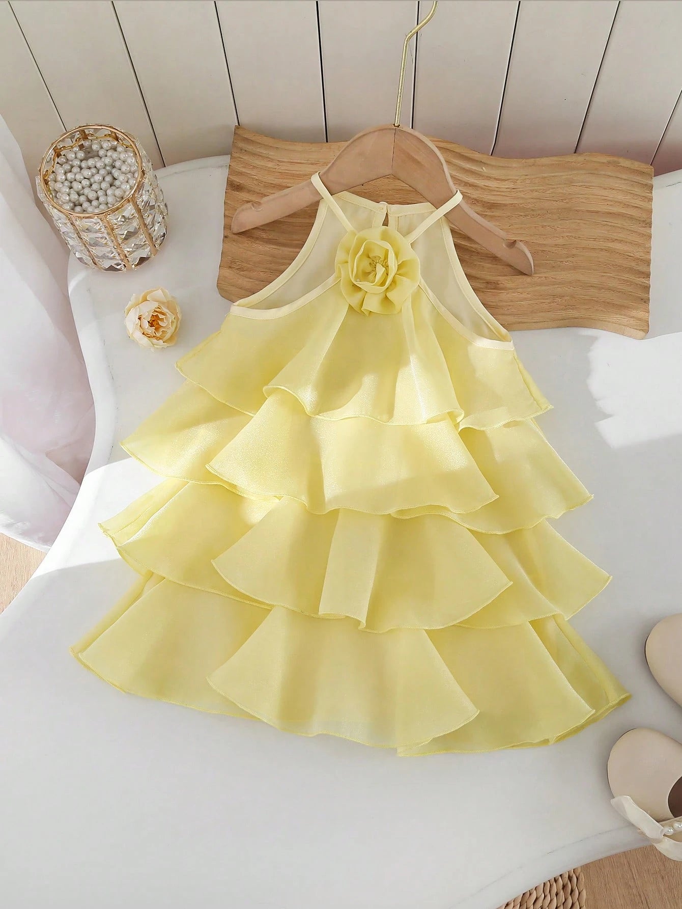 Cute And Elegant Yellow Floral Sleeveless Dress For Baby Girls With Ruffles,Perfect Spring Summer.Features A 3D Ruffle Hem Is Ideal Summer Vacation.