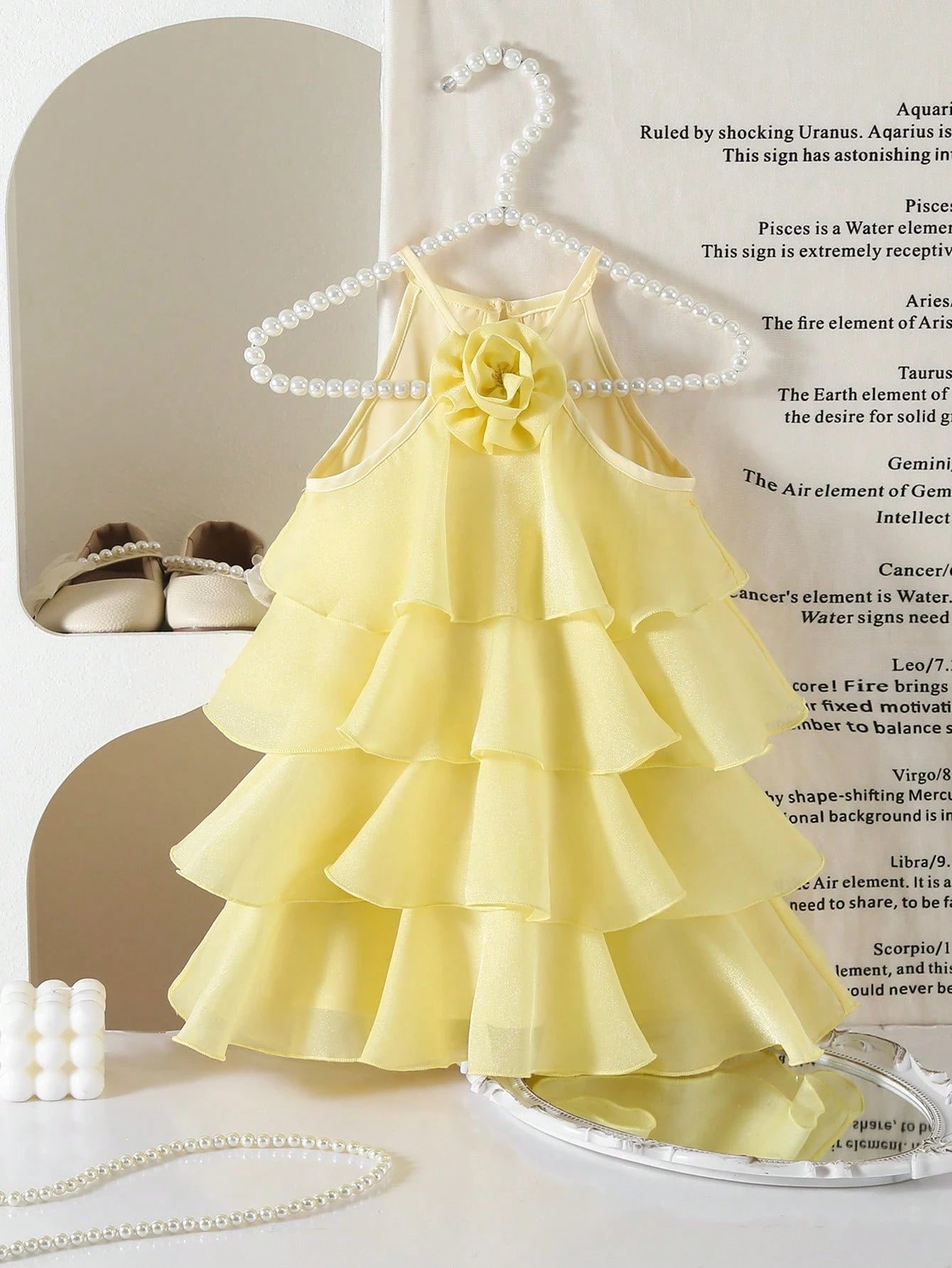 Cute And Elegant Yellow Floral Sleeveless Dress For Baby Girls With Ruffles,Perfect Spring Summer.Features A 3D Ruffle Hem Is Ideal Summer Vacation.