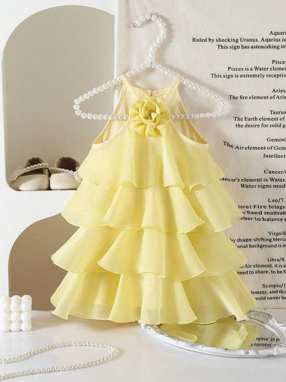 Cute And Elegant Yellow Floral Sleeveless Dress For Baby Girls With Ruffles,Perfect Spring Summer.Features A 3D Ruffle Hem Is Ideal Summer Vacation.