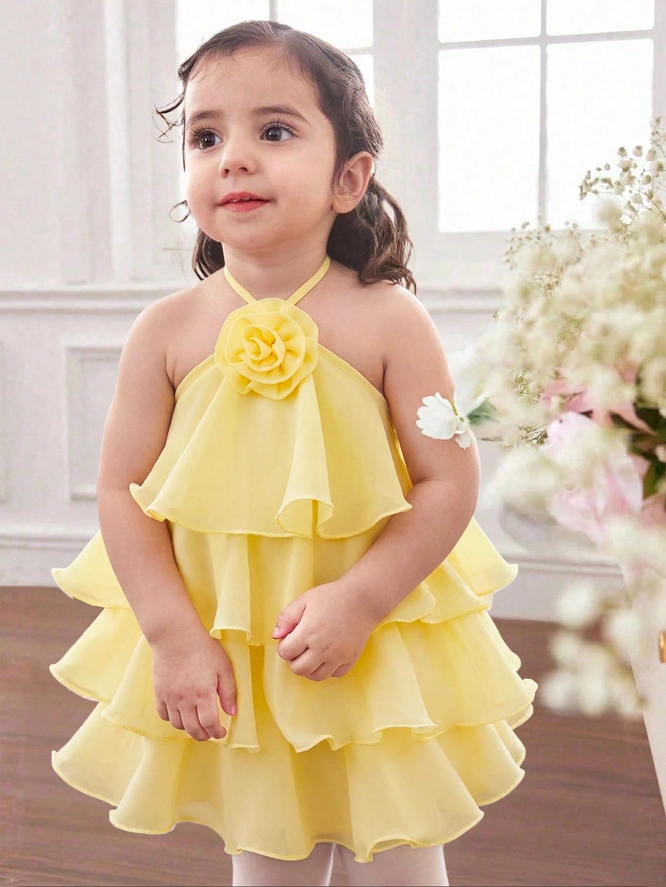Cute And Elegant Yellow Floral Sleeveless Dress For Baby Girls With Ruffles,Perfect Spring Summer.Features A 3D Ruffle Hem Is Ideal Summer Vacation.